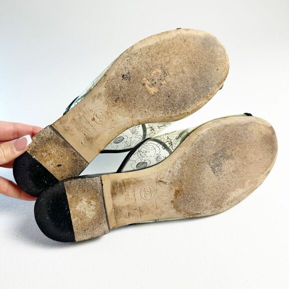 CHANEL Black White CC Sandals Size 38 US 7.5 Open Toe Flat Mules Clear PVC Print - Picture 9 of 11